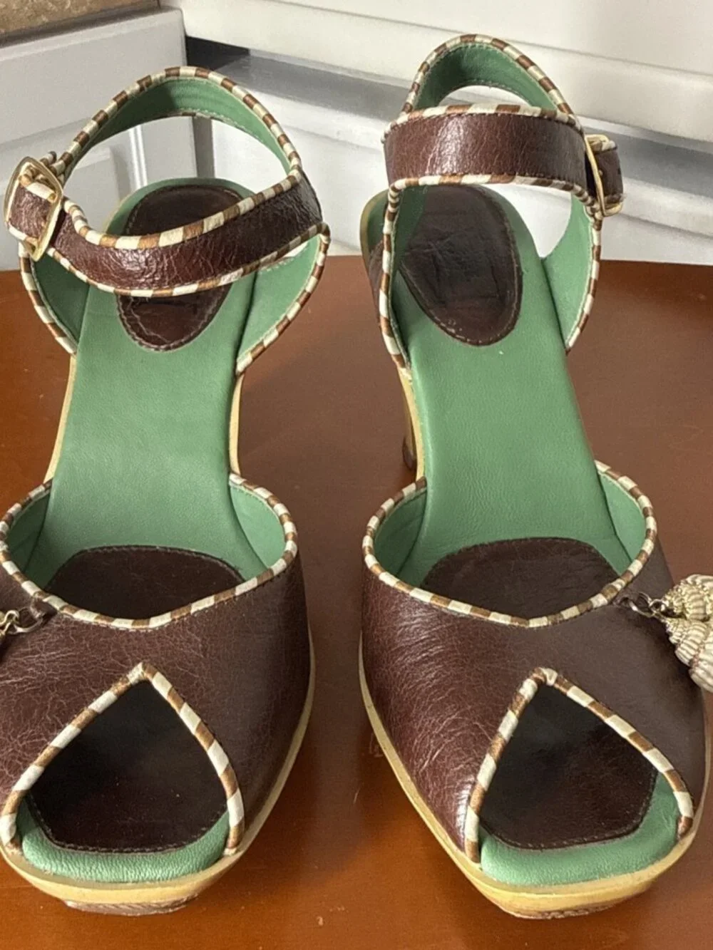 Miss L-Fire Rockabilly Brown Leather Wood Heel Platform Sandals RARE Size 6.5